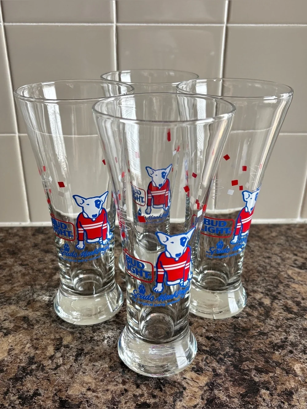 Vintage 1987 Bud Light Spuds MacKenzie Beer Party Animal Glasses - Set of 4